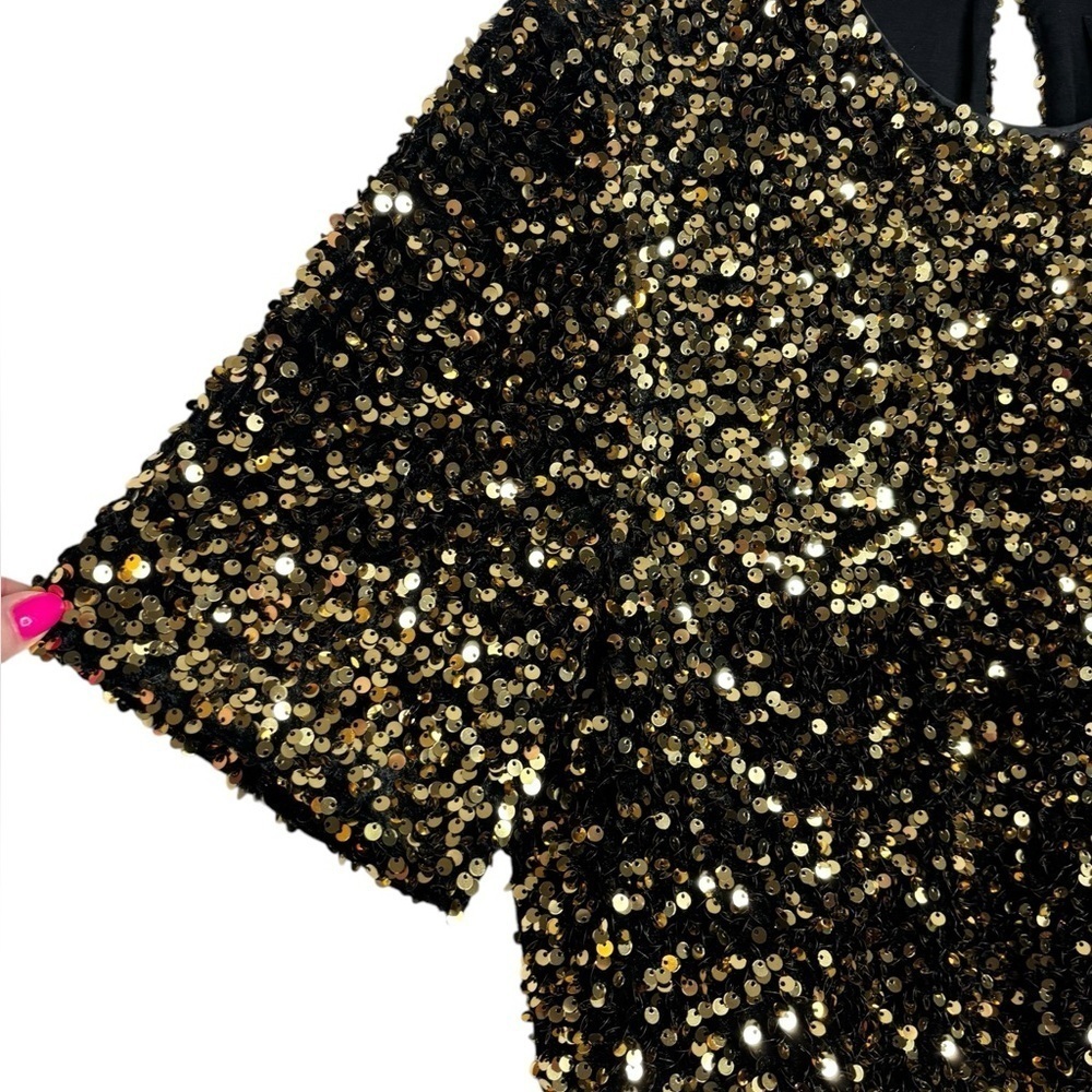 Alex Marie Party Lia Gold Sequins Embroidered Crew Neck Short Sleeve Blouse M - Picture 4 of 10